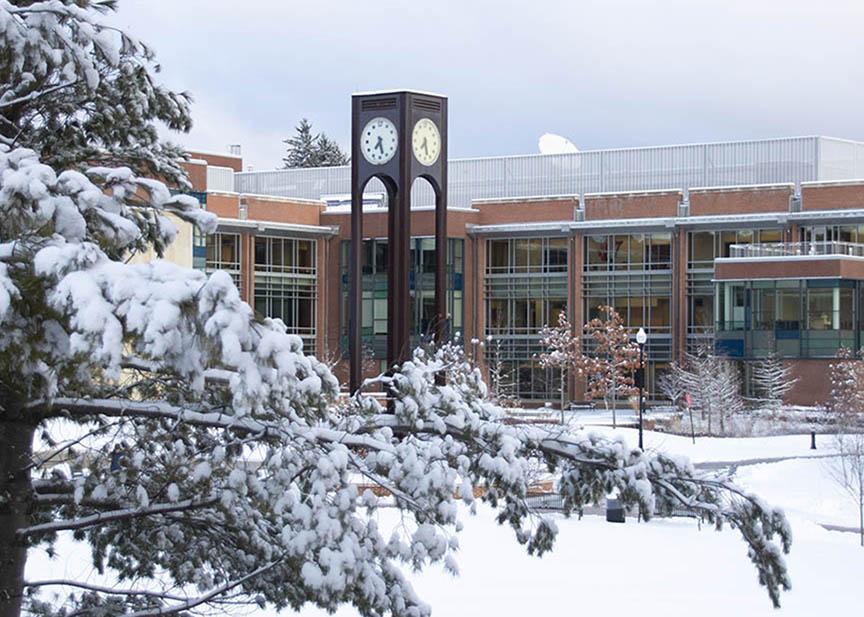 Frostburg MD Weather clock tower on snowy campus